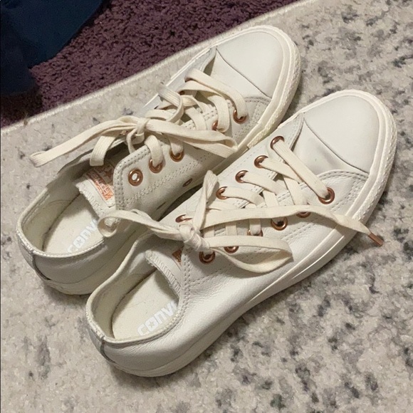 white leather converse with rose gold